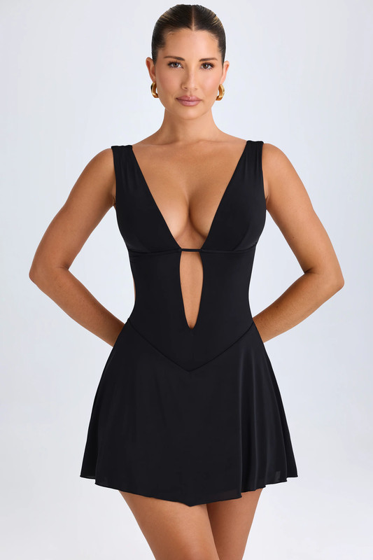 Plunge Cut-Out Mini Dress in Black - Size:L - Length:Longer Length +2"